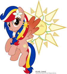 Size: 2323x2581 | Tagged: safe, artist:jhayarr23, oc, oc only, oc:pearl shine, pegasus, pony, flying, high res, looking at you, nation ponies, philippines, ponified, simple background, solo, transparent background