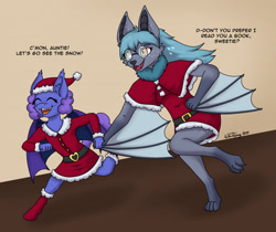 Size: 1280x1073 | Tagged: safe, artist:zackwhitefang, oc, oc only, oc:april, oc:april rain, bat, bat pony, anthro, arm wings, aunt and niece, bat pony oc, christmas, clothes, cute, digital art, duo, eyes closed, female, furry, furry oc, happy, holiday, open mouth, socks, tail, wings