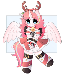 Size: 1984x2297 | Tagged: safe, artist:arwencuack, oc, oc only, oc:nekonin, alicorn, semi-anthro, alicorn oc, antlers, arm hooves, bell, bell collar, christmas, collar, commission, crossdressing, femboy, holiday, horn, male, simple background, solo, transparent background, wings