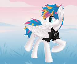 Size: 3000x2500 | Tagged: safe, artist:xvostik, pegasus, pony, awsten knight, clothes, commission, dyed mane, dyed tail, high res, horseshoes, looking back, male, open mouth, partially open wings, ponified, raised hoof, raised leg, shirt, solo, stallion, t-shirt, tail, waterparks, ych result