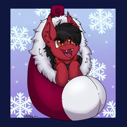 Size: 3072x3072 | Tagged: safe, artist:zackwhitefang, oc, oc only, bat pony, pony, bat pony oc, chibi, christmas, clothes, commission, cute, cute little fangs, digital art, fangs, high res, holiday, open mouth, snow, snowflake, socks, solo, ych result