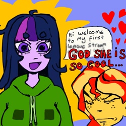 Size: 1493x1493 | Tagged: safe, artist:ponywizards, sunset shimmer, twilight sparkle, equestria girls, g4, beanbrows, clothes, duo, eyebrows, eyebrows visible through hair, faic, female, gamer twi, heart, hoodie, speech bubble, streaming