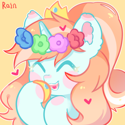 Size: 1200x1200 | Tagged: artist needed, source needed, safe, oc, oc only, oc:p.p.a, pony, unicorn, blush sticker, blushing, clothes, crown, cute, eyes closed, floating heart, floral head wreath, flower, heart, hoof shoes, jewelry, laughing, open mouth, open smile, regalia, smiling, solo