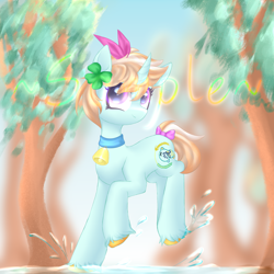 Size: 3000x3000 | Tagged: artist needed, source needed, safe, oc, oc only, oc:p.p.a, pony, unicorn, bell, bell collar, bow, collar, cute, cutie mark, happy, high res, smiling, solo, tail, tail bow, unshorn fetlocks, water