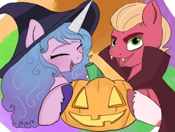 Size: 640x480 | Tagged: safe, artist:beckydoki, izzy moonbow, sprout cloverleaf, earth pony, pony, unicorn, g5, my little pony: a new generation, clothes, coat markings, costume, eyes closed, female, halloween, halloween costume, hat, holiday, jack-o-lantern, male, open mouth, pumpkin, ship:izzysprout, shipping, socks (coat markings), stallion, straight, vampire costume, witch hat