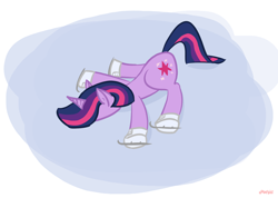 Size: 1554x1107 | Tagged: safe, artist:purblehoers, twilight sparkle, pony, unicorn, g4, faceplant, female, ice, ice skates, ice skating, lying down, mare, prone, simple background, solo, unicorn twilight