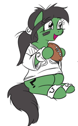 Size: 462x743 | Tagged: safe, artist:jargon scott, oc, oc only, oc:anon-mare, earth pony, pony, american football, clothes, female, jersey, mare, open mouth, open smile, simple background, sitting, smiling, solo, sports, sweatband, white background