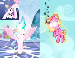 Size: 1280x982 | Tagged: safe, artist:hate-love12, luster dawn, princess flurry heart, oc, alicorn, pony, unicorn, g4, baby, baby pony, female, filly, glowing, glowing eyes, levitation, magic, mare, older, older flurry heart, self-levitation, telekinesis