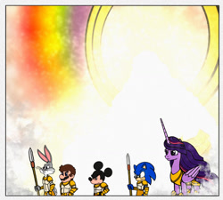 Size: 1280x1153 | Tagged: safe, artist:j-mantheangel, twilight sparkle, alicorn, angel, human, anthro, g4, the last problem, armor, bible, bugs bunny, crossover, disney, heaven, looney tunes, male, mario, mickey mouse, nintendo, older, older twilight, older twilight sparkle (alicorn), op is on drugs, princess twilight 2.0, rainbow, sega, solo, sonic the hedgehog (series), super mario bros., throne, twilight sparkle (alicorn)