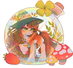 Size: 750x700 | Tagged: safe, artist:deviiel, oc, oc only, earth pony, pony, bottle, clover, cork, female, flower, food, hat, leaves, mare, mushroom, simple background, solo, strawberry, transparent background, unshorn fetlocks, witch hat