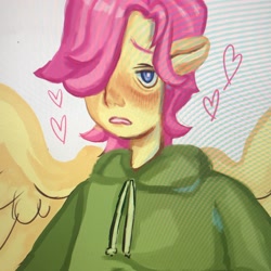 Size: 2048x2048 | Tagged: safe, artist:ponywizards, fluttershy, equestria girls, g4, clothes, eared humanization, gender headcanon, heart, high res, hoodie, humanized, lidded eyes, male, photo, picture of a screen, solo, trans fluttershy, trans male, transgender, winged humanization, wings