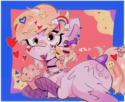 Size: 2779x2283 | Tagged: safe, artist:blairvonglitter, artist:lexiedraw, derpy hooves, pegasus, pony, g4, bandaid, bandaid on nose, bow, choker, collaboration, cute, derpabetes, ear piercing, earring, female, food, heart, heart tongue, high res, jewelry, mare, muffin, necklace, open mouth, open smile, piercing, smiley face, smiling, solo, sticker, tail, tail bow