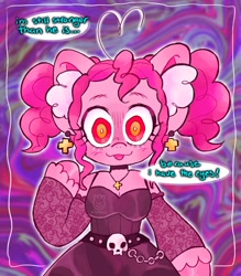 Size: 1798x2048 | Tagged: safe, artist:alexbeeza, pinkie pie, earth pony, anthro, g4, arm hooves, arm warmers, belt, breasts, cleavage, clothes, cosplay, costume, crossover, death note, dialogue, dress, ear fluff, ear piercing, earring, jewelry, misa amane, open mouth, open smile, piercing, pigtails, smiling, solo, speech bubble