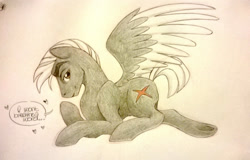 Size: 1365x872 | Tagged: safe, artist:thepurpah, oc, oc only, oc:stormtrotter, pegasus, pony, bedroom eyes, colored wings, male, pegasus oc, smiling, stallion, talking, traditional art, two toned wings, underhoof, wings