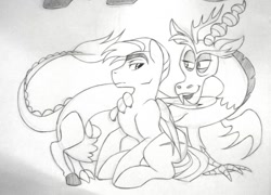 Size: 1366x985 | Tagged: safe, artist:thepurpah, discord, oc, oc:stormtrotter, draconequus, pegasus, pony, g4, duo, frown, lineart, male, pegasus oc, smiling, stallion, traditional art, wings