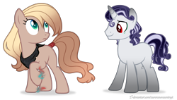 Size: 3140x1784 | Tagged: safe, artist:auroranovasentry, oc, oc:aether, oc:puree, earth pony, pony, unicorn, female, male, mare, offspring, parent:applejack, parent:king sombra, parent:rarity, parents:sombrajack, parents:sombrarity, simple background, stallion, transparent background