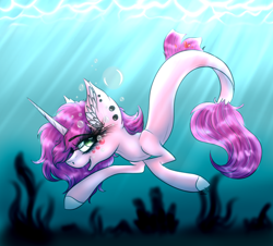 Size: 4000x3619 | Tagged: safe, artist:beamybutt, oc, oc only, seapony (g4), unicorn, crepuscular rays, ear fluff, ear piercing, eye clipping through hair, eyelashes, fish tail, flowing tail, green eyes, horn, ocean, open mouth, open smile, piercing, pink mane, seaponified, smiling, solo, species swap, sunlight, swimming, tail, underwater, water