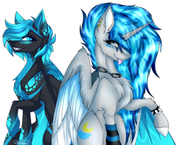 Size: 4725x3900 | Tagged: safe, artist:beamybutt, artist:lumii-i, oc, oc only, oc:moonbeam, alicorn, pony, :p, alicorn oc, chains, chest fluff, collaboration, duo, ear fluff, ear piercing, female, horn, mare, piercing, simple background, spiked wristband, tongue out, transparent background, wings, wristband