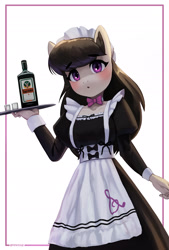 Size: 1650x2435 | Tagged: safe, artist:mrscroup, octavia melody, earth pony, anthro, g4, :o, alcohol, blackletter, blushing, bowtie, clothes, cute, eye clipping through hair, eyebrows, eyebrows visible through hair, female, glass, high res, jagermeister, looking at you, maid, octamaid, open mouth, shot glass, simple background, solo, tavibetes, tray, white background