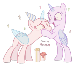 Size: 1344x1181 | Tagged: safe, artist:klewgcg, oc, oc only, alicorn, pony, alicorn oc, bald, base, bipedal, cheek squish, confetti, duo, eyelashes, female, hat, horn, mare, party hat, present, simple background, smiling, squishy cheeks, transparent background, wings