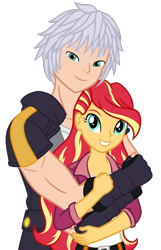 Size: 932x1450 | Tagged: safe, artist:wavebreeze234, sunset shimmer, human, equestria girls, g4, alternate hairstyle, clothes, crossover, female, grin, hug, hug from behind, kingdom hearts, male, riku, simple background, smiling, straight, transparent background