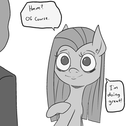 Size: 1414x1414 | Tagged: safe, artist:happy harvey, pinkie pie, oc, oc:anon, pony, g4, bags under eyes, blatant lies, dialogue, drawthread, ear fluff, lies, monochrome, phone drawing, pinkamena diane pie, pointing at self, ponified, raised hoof, simple background, tired, transparent background
