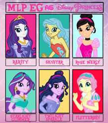 Size: 832x950 | Tagged: safe, artist:wavebreeze234, fluttershy, princess skystar, rarity, starlight glimmer, twilight sparkle, oc, oc:rose werly, human, mermaid, equestria girls, g4, my little pony: the movie, aladdin, bare shoulders, beauty and the beast, belle, choker, cinderella, clothes, clothes swap, crossover, crown, dress, female, jewelry, princess, princess ariel, princess belle, princess jasmine, regalia, six fanarts, smiling, snow white, snow white and the seven dwarfs, strapless, the little mermaid, tiara