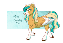 Size: 2673x1821 | Tagged: safe, artist:royvdhel-art, oc, oc only, pegasus, pony, coat markings, colored wings, glasses, happy birthday, pegasus oc, socks (coat markings), two toned wings, wings