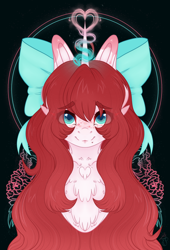 Size: 1900x2800 | Tagged: safe, artist:bananasplitedy, oc, oc only, oc:nokori, alicorn, pony, abstract background, alicorn oc, beauty mark, blushing, bow, bust, chest fluff, facial markings, flower, fluffy, freckles, hair bow, horn, looking at you, magic, markings, neck fluff, solo, wings