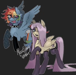 Size: 954x941 | Tagged: safe, artist:clowncarpal, fluttershy, rainbow dash, pegasus, pony, g4, alternate hairstyle, choker, chokershy, clothes, collar, flying, goth, makeup, socks, trans fluttershy, transgender, walking