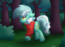 Size: 4706x3455 | Tagged: safe, artist:background basset, lyra heartstrings, pony, unicorn, g4, clothes, forest, hoodie, sad, solo