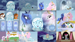 Size: 1280x720 | Tagged: safe, artist:sillyfillystudios, editor:quoterific, fleur-de-lis, princess celestia, princess luna, roseluck, oc, oc:snowdrop, alicorn, earth pony, pegasus, pony, squirrel, snowdrop (animation), g4, colt, crown, female, filly, floppy ears, jewelry, male, mare, mouth hold, open mouth, open smile, pink-mane celestia, regalia, s1 luna, smiling
