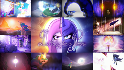 Size: 1280x720 | Tagged: safe, artist:warpout, editor:quoterific, nightmare moon, princess celestia, princess luna, alicorn, pony, lullaby for a princess, g4, eyes closed, female, mare, spread wings, wings