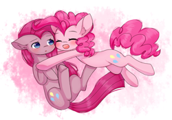Size: 1000x700 | Tagged: safe, artist:dddreamdraw, pinkie pie, earth pony, pony, g4, abstract background, blushing, cute, diapinkes, duality, ear fluff, eyes closed, open mouth, pinkamena diane pie, self paradox, self ponidox, simple background, smiling, white background