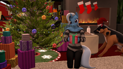 Size: 3840x2160 | Tagged: safe, artist:coolc, trixie, dog, unicorn, anthro, g4, 3d, christmas, christmas gift, christmas tree, clothes, cookie, eyelashes, female, food, high res, holiday, looking at you, ornament, pants, source filmmaker, sweater, tree