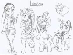 Size: 2198x1644 | Tagged: safe, artist:cavaleiroviking, oc, oc only, human, pony, unicorn, anthro, semi-anthro, unguligrade anthro, anthro chart, anthro with ponies, arm hooves, ass, bipedal, book, braid, butt, clothes, female, garter, horn, line-up, monochrome, scarf, unicorn oc