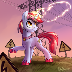 Size: 3000x3000 | Tagged: safe, artist:jedayskayvoker, oc, oc only, oc:cinnamon lightning, pony, unicorn, bell, bell collar, bow, collar, electricity, fetlock tuft, hair bow, high res, horn, lightning, male, pet collar, power line, solo, stallion, unicorn oc