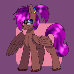 Size: 1440x1439 | Tagged: safe, artist:bluemoon, oc, oc only, oc:bass string, pegasus, pony, chest fluff, dock, ear piercing, earring, eye clipping through hair, folded wings, glasses, jewelry, male, piercing, ponytail, raised tail, signature, smiling, smirk, solo, stallion, tail, unshorn fetlocks, wings