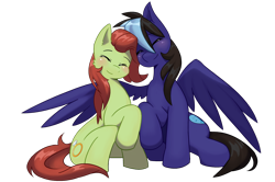 Size: 3565x2361 | Tagged: safe, artist:saikoot, oc, oc only, oc:akim, oc:sodapop, earth pony, pegasus, pony, 2022 community collab, derpibooru community collaboration, akimpop, blushing, couple, cute, eyes closed, female, high res, hug, male, simple background, sitting, spread wings, transparent background, winghug, wings