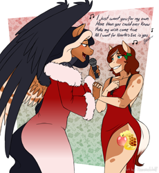 Size: 3400x3700 | Tagged: safe, artist:hasana-chan, oc, oc only, oc:breaking dawn, oc:honeycrisp meadow, earth pony, pegasus, anthro, unguligrade anthro, all i want for christmas is you, anthro oc, christmas, clothes, commission, couple, digital art, dress, earth pony oc, female, gilf, hearth's warming eve, high res, holding hands, holiday, holly, lesbian, looking at each other, looking at someone, mariah carey, microphone, milf, oc x oc, pegasus oc, shipping, side slit, singing, total sideslit