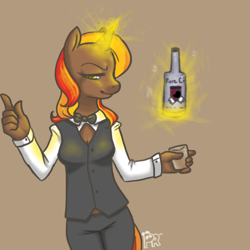 Size: 500x500 | Tagged: safe, artist:pandarainbow, oc, oc only, oc:amaretto, unicorn, anthro, alcohol, anthro oc, bartender, brown background, commission, commissioner:miserybahamut, female, glass, glowing, glowing horn, horn, magic, shot glass, simple background, solo, telekinesis, unicorn oc