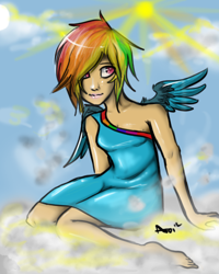 Size: 400x500 | Tagged: safe, artist:pandarainbow, rainbow dash, human, g4, clothes, cloud, crepuscular rays, dress, female, humanized, solo, winged humanization, wings