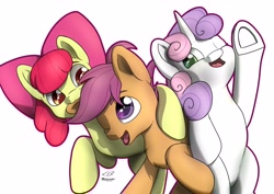 Size: 4096x2892 | Tagged: safe, artist:playful wings, apple bloom, scootaloo, sweetie belle, earth pony, pegasus, pony, unicorn, g4, :3, biting, cmc day, cutie mark crusaders, ear bite, female, filly, one eye closed, open mouth, open smile, simple background, smiling, trio, underhoof, white background