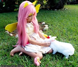 Size: 960x833 | Tagged: safe, artist:ringochan94, angel bunny, fluttershy, human, rabbit, g4, 2015, animal, clothes, cosplay, costume, duo, grass, irl, irl human, photo, target demographic