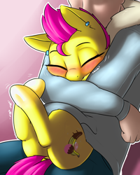 Size: 2400x3000 | Tagged: safe, artist:captainpudgemuffin, edit, oc, oc only, oc:banana paradise, human, pony, fanfic:cultural differences, author:crimson prose, blushing, butt, cute, dock, ear piercing, earring, explicit description, explicit source, eyes closed, female, high res, hug, human on pony snuggling, jewelry, mare, piercing, plot, snuggling, tail