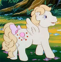 Size: 200x201 | Tagged: safe, screencap, baby lofty, pegasus, pony, g1, little piece of magic, my little pony 'n friends, baby, baby lofty's dream, baby loftybetes, baby pony, bow, cropped, cute, female, filly, land, open mouth, open smile, ponyland, smiling, solo, tail, tail bow