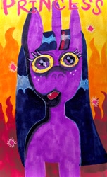 Size: 750x1230 | Tagged: safe, artist:ponywizards, twilight sparkle, ambiguous race, pony, g4, bloodshot eyes, fangs, fire, solo, traditional art