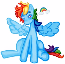 Size: 4096x4000 | Tagged: safe, artist:ponywizards, rainbow dash, pegasus, pony, g4, eyebrow slit, eyebrows, freckles, simple background, sitting, smiling, solo, spread wings, white background, wings
