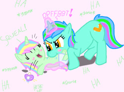 Size: 577x427 | Tagged: artist needed, safe, oc, oc only, oc:coral glitter, pony, unicorn, baby, baby pony, blushing, cute, diaper, female, filly, foal, laughing, magic, magic aura, onomatopoeia, open mouth, pacifier, pink background, pinned down, raspberry, shadow, sibling love, siblings, simple background, sisterly love, sisters, tickling, toddler, tongue out, trace, tummy buzz