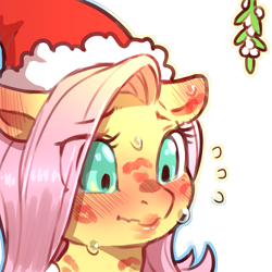 Size: 1159x1159 | Tagged: safe, artist:cold-blooded-twilight, fluttershy, pegasus, pony, blushing, blushing profusely, bust, christmas, clothes, costume, eye clipping through hair, eyebrows, eyebrows visible through hair, female, flustered, hat, holiday, kiss mark, lipstick, mare, mistletoe, santa costume, santa hat, simple background, solo, sweat, transparent background